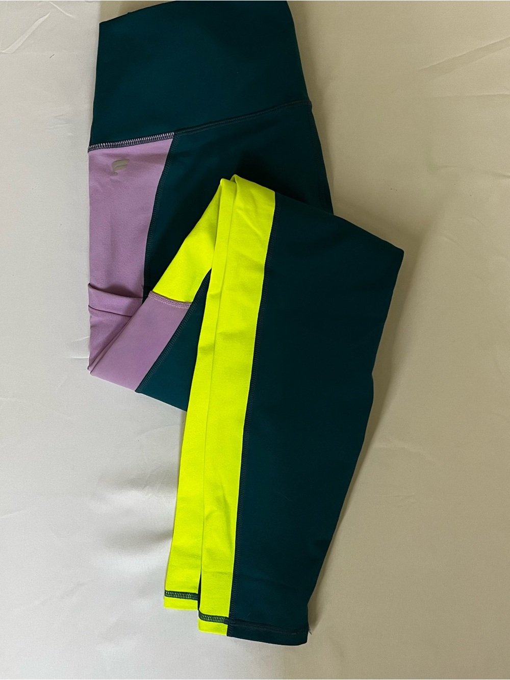 Fabletics Colorblock Leggings — Teal, Lilac & Neon Yellow Accent